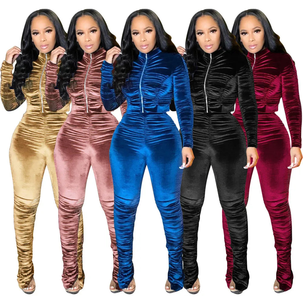 Autumn Winter Velvet Tracksuit – Women’s Ruched Velour Two-Piece Set, Casual Top and Pants Sweat Suit