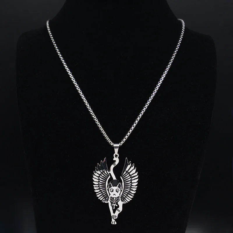 Egyptian Bastet Cat Necklace – Stainless Steel Winged Sphinx Amulet, Wiccan Talisman Jewelry