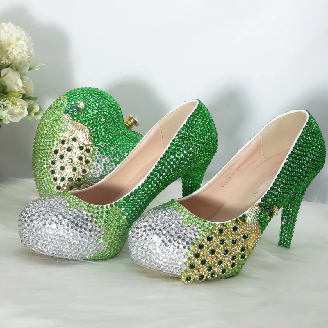 Women's Wedding Shoes – Green Rhinestone Phoenix Design, Round-Headed High-Heeled Crystal Shoes