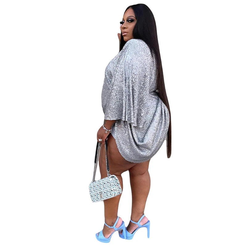 Plus Size Sequin Party Dress – High Waist V-Neck Batwing Sleeve Mini Dress, Sexy Silver Birthday Outfit