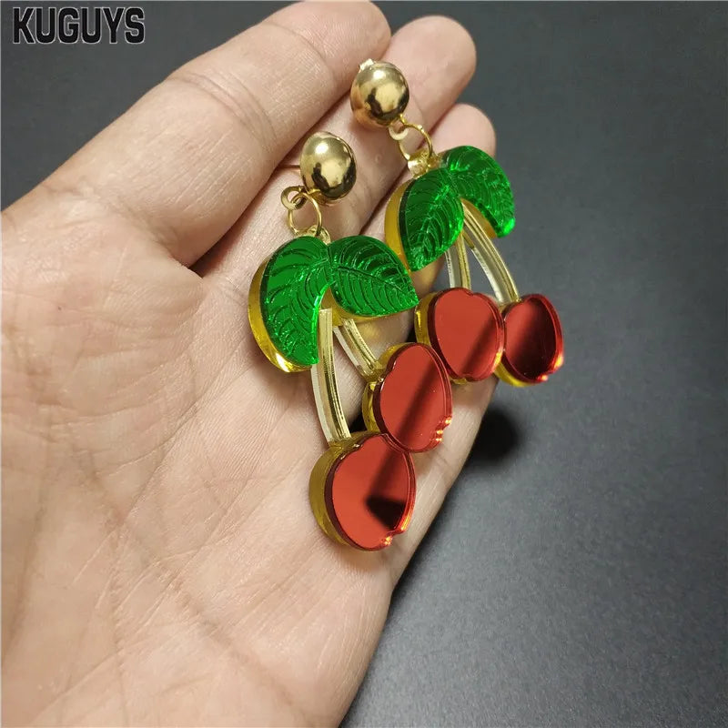 Cute Red Pink Cherry Dangle Earrings for Girls Women - Mirror Acrylic Drop, Trendy Jewelry Fashion Accessories by KUGUYS