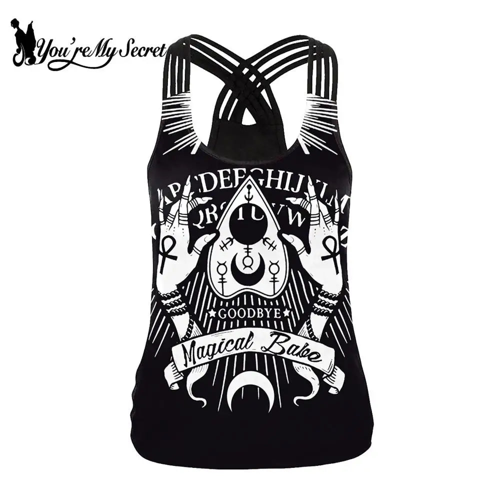 [You're My Secret] Magic Ouija Board Women Vest Sexy Backless Tops Gothic Witchy Black Tank Top Female Sleeveless Tops