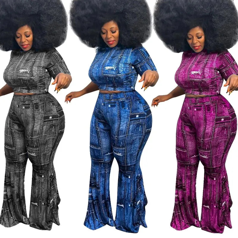 Plus Size Two Piece Set - Women's Crop Top & Flared Leggings Super Stretch Pants Set