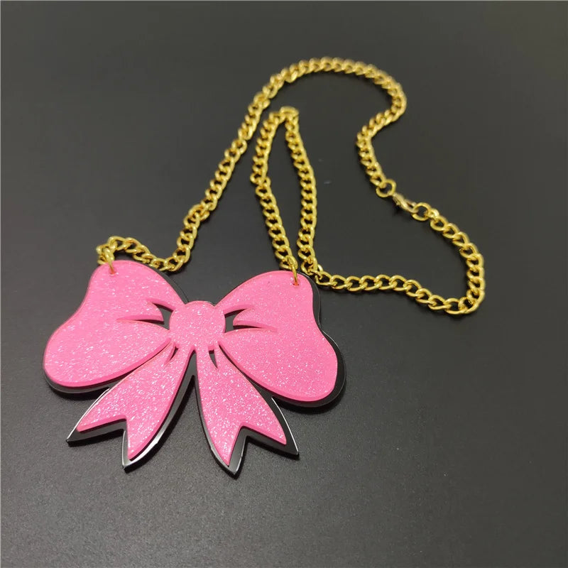 KUGUYS Glitter Pink Bow Pendant Necklace - Cute Acrylic Gold Color Chain Fashion Jewelry, Summer Accessories for Women