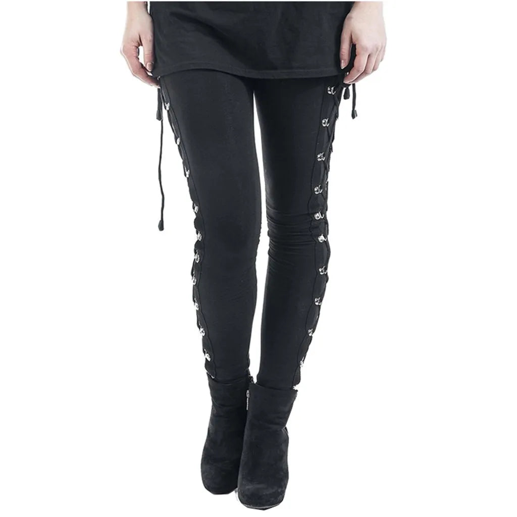 Y2k Gothic Pants Women Leggings Ladies Harajuku Side Lace Up Legging Black Skinny Trousers Streetwear Vintage Punk Leggins Mujer