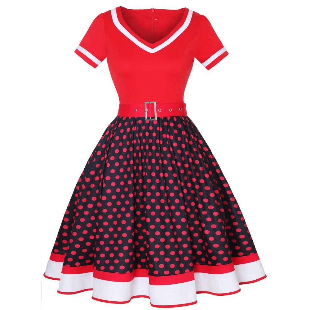 50s 60s Women's Vintage Polka Dot Party Dress with Belt - Short Sleeve Hepburn Pin Up Rockabilly Oversized Swing Dress