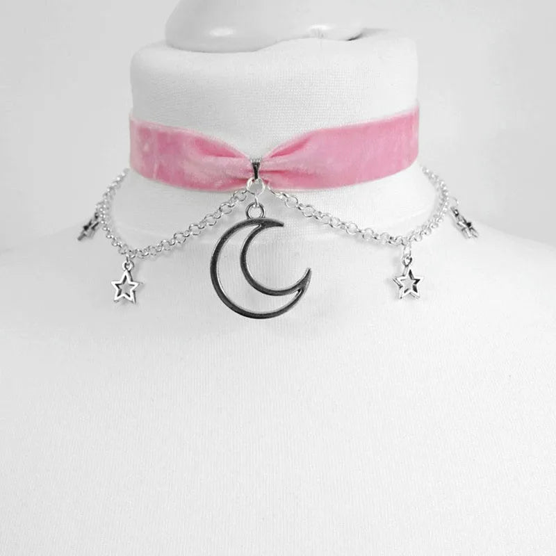 Black Velvet Crescent Moon Choker Wide Velvet Choker with Moon || Gothic Choker