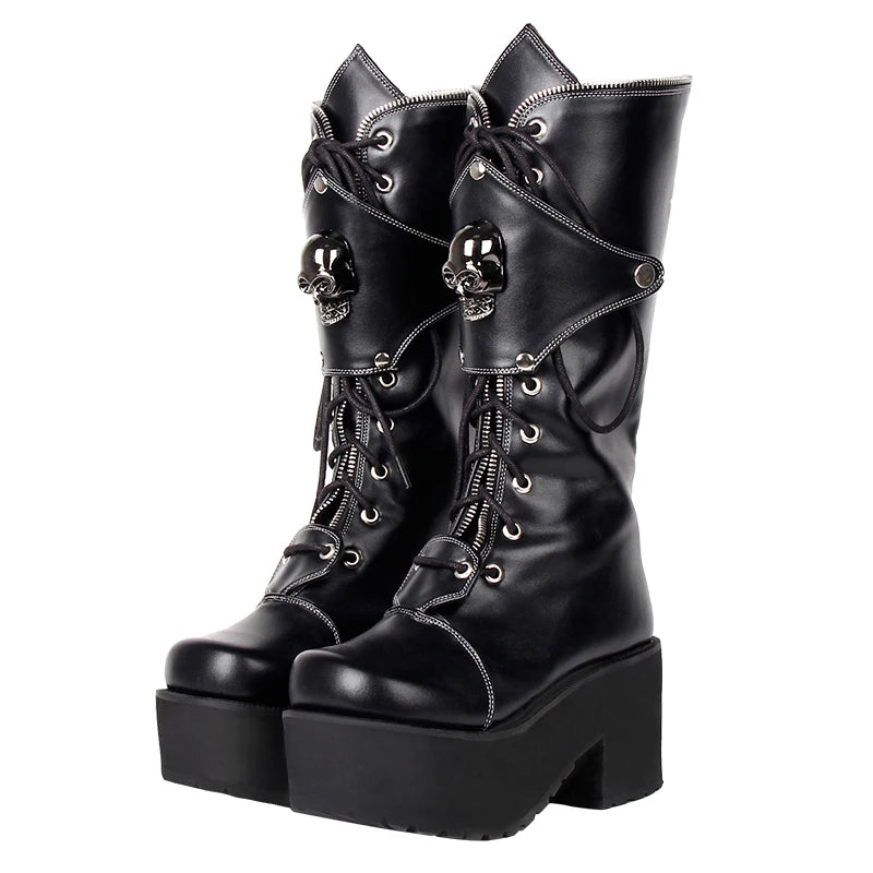 Angelic imprint mori girl Women motorcycle punk boots lady lolita Boots woman high heels pumps platform shoes skull rivets 8cm