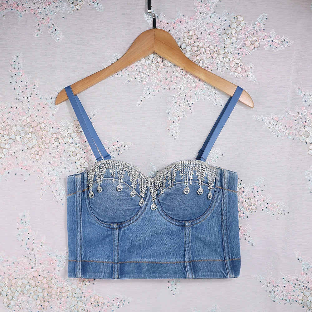 Denim Rhinestone Corset Crop Top - Festival Nightclub Party Runway Show Women’s Bra Top