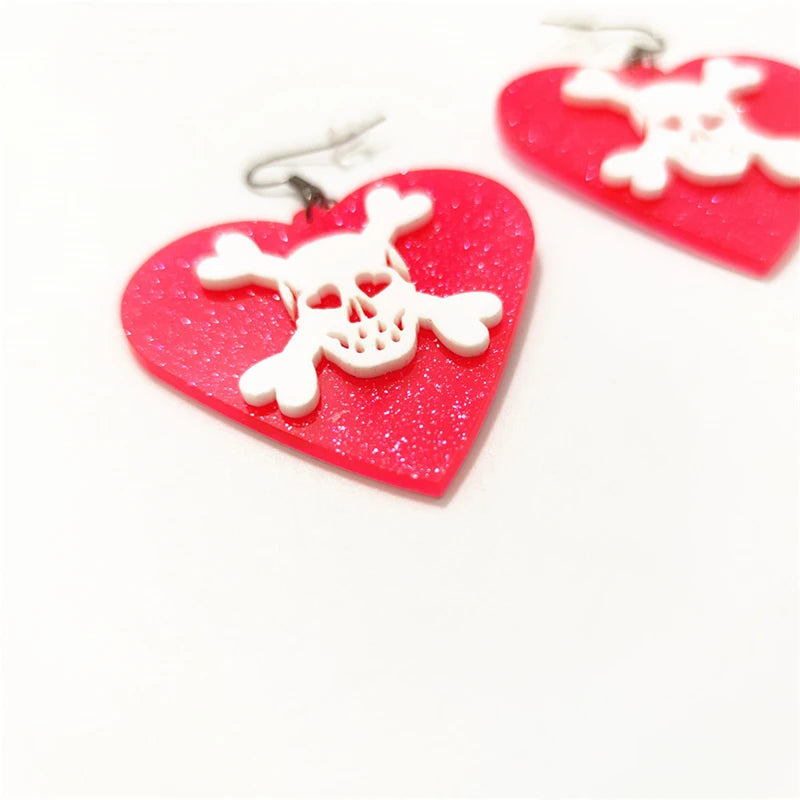 Peach Heart Skull Halloween Drop Earrings | Glitter Rose Red White Skeleton Jewelry for Women