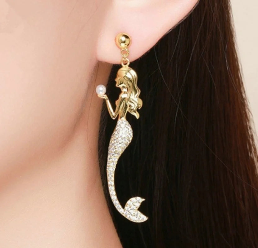 Sweet and Romantic Zircon Mermaid Long Earrings, Exquisite Fashion Jewelry