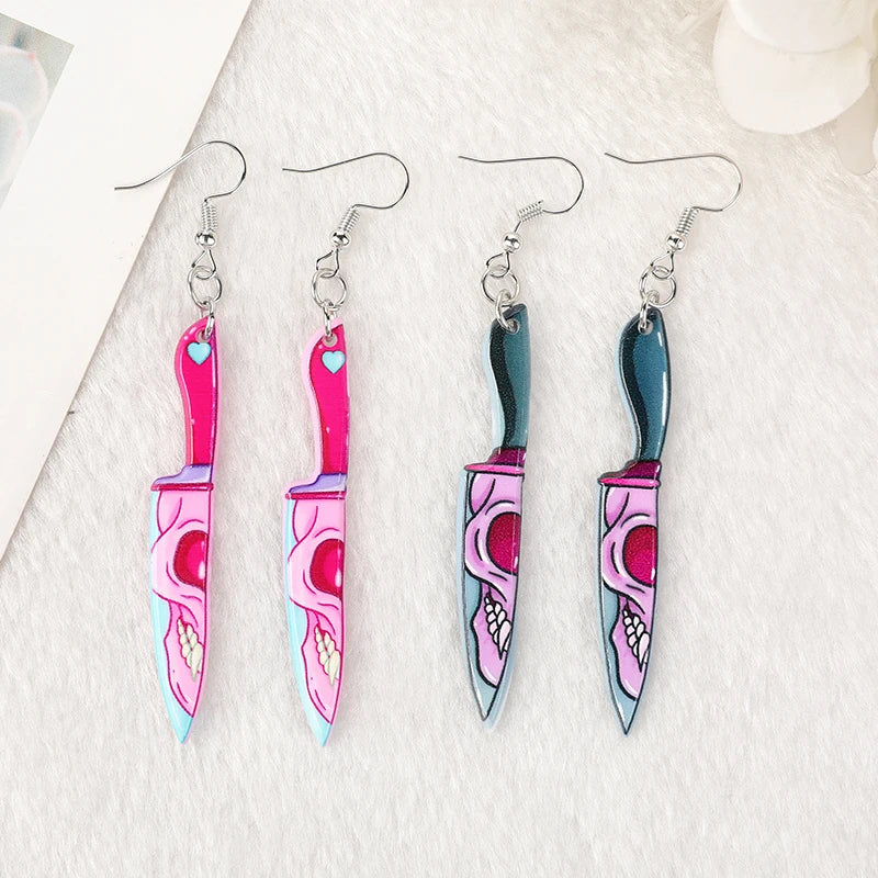 1 Pair Fashion Pastel Goth Skeleton Knife Dangle Earrings