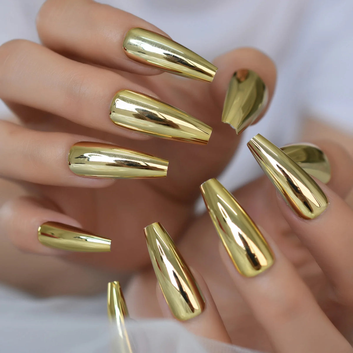 Metallic Coffin Nail Tips False Nails Long Ballerina Gold Mirror Fake Nails Press On Full Set For Fingernail Decorations