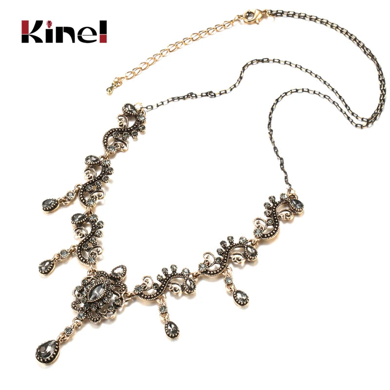 Kinel Luxury Grey Crystal Flower Necklace for Women | Boho Ethnic Wedding Jewelry Antique Gold Vintage Style