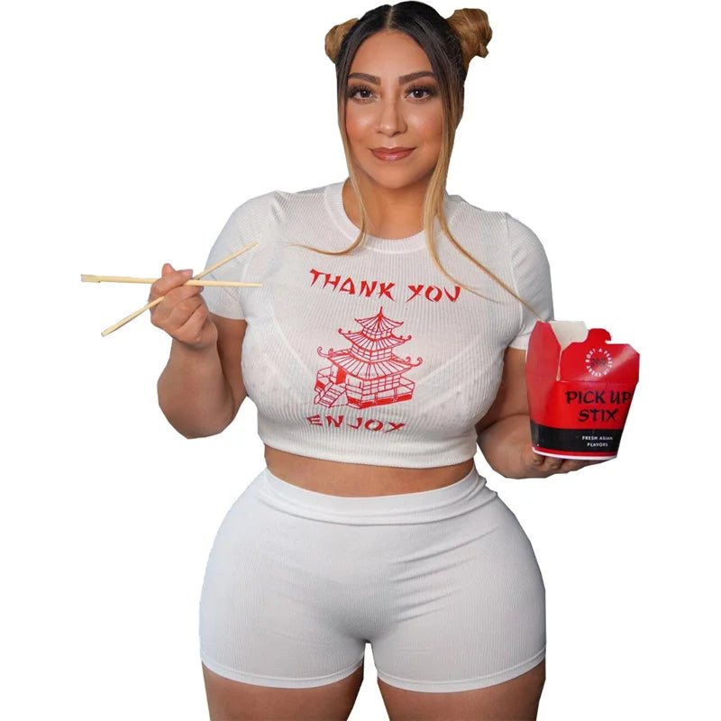 Chinese Takeout Plus Size Women’s Clothing Two Piece Set - O-Neck T-Shirt and Shorts Homewear Outfit