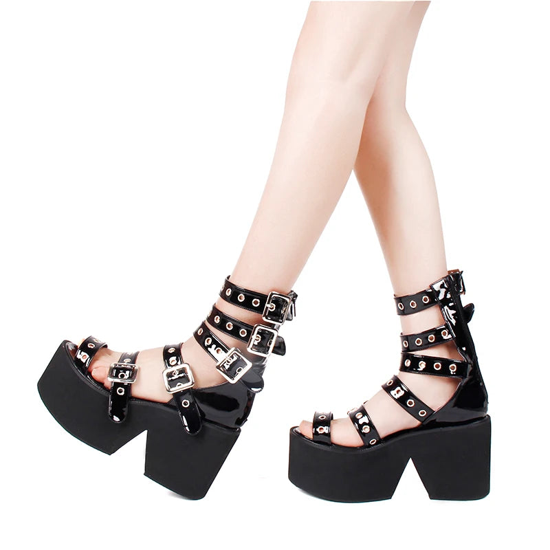 Angelic Imprint Women's Lolita Cosplay Punk Shoes - High Heel Platform Sandals with Rivets, Princess Summer Dress Pumps