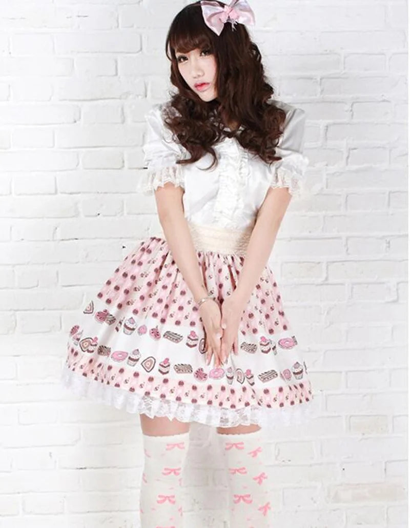 Summer New Women Full of Cakes Printed Plus Size Skirt | Cute Lolita Princess Kawaii Japanese Lace Hem Elastic Waist Pink