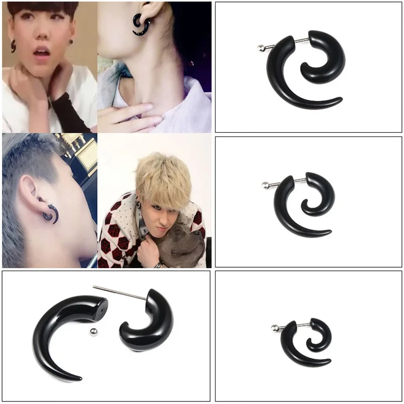 Punk Black Bull Horn Snail Shape Acrylic Earrings – Hip-Hop Rock Party Jewelry for Men & Women