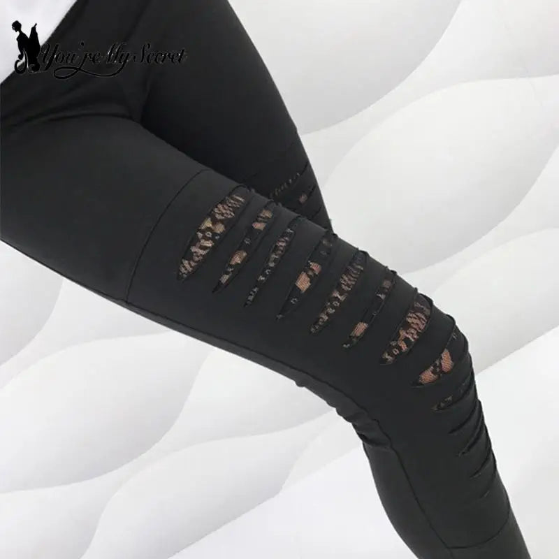 [You're My Secret] Shredded Leggings For Women Gothic Lace Workout Leggings Mid-Waist Slim Sexy Leggins Fitness Outside Legins