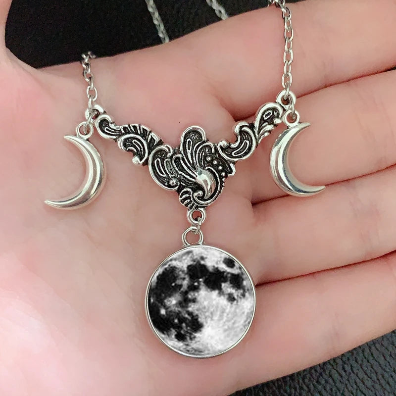 Crystal Glass Crescent Moon Necklace - Simple Witch Jewelry, Pagan Wizard Gift