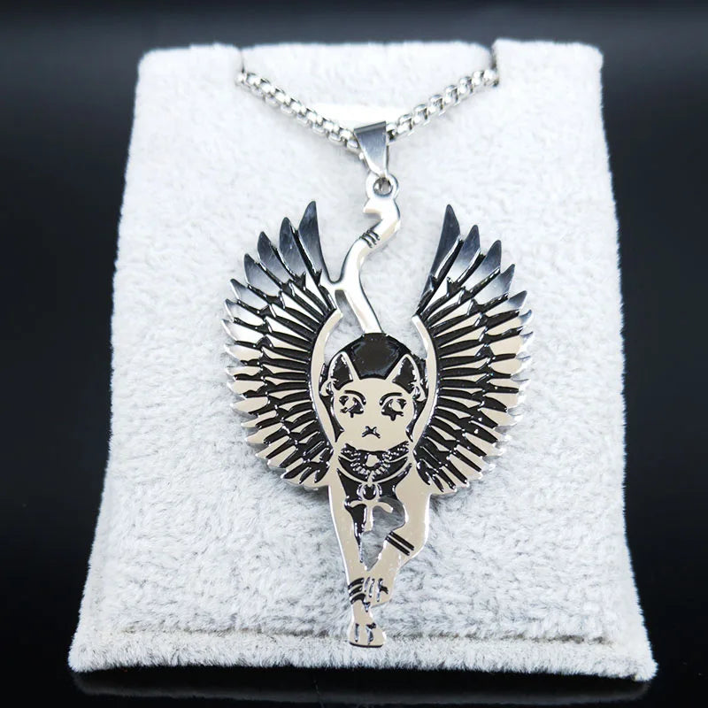 Egyptian Bastet Cat Necklace – Stainless Steel Winged Sphinx Amulet, Wiccan Talisman Jewelry