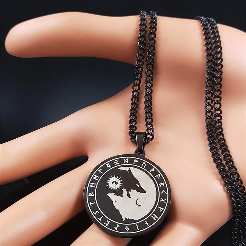 Viking Stainless Steel Divination Letter Yin and Yang Wolf Chain Necklaces Women/Men Black Color Necklace jewlery NXH284S03