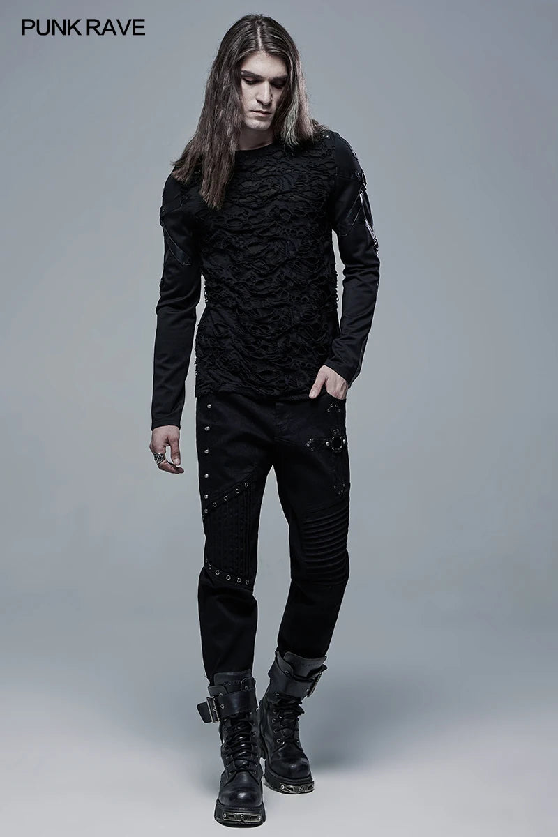 PUNK RAVE Men's Gothic Church Building Structure Knited Elastic Long Sleeve T-shirt Punk Personality Casual Men Black Tops