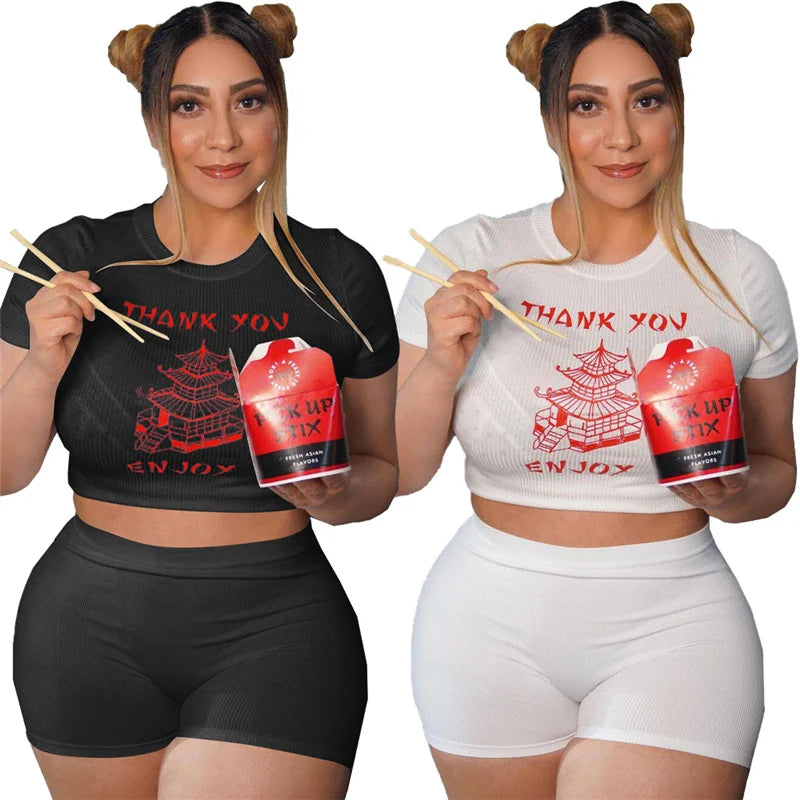 Chinese Takeout Plus Size Women’s Clothing Two Piece Set - O-Neck T-Shirt and Shorts Homewear Outfit