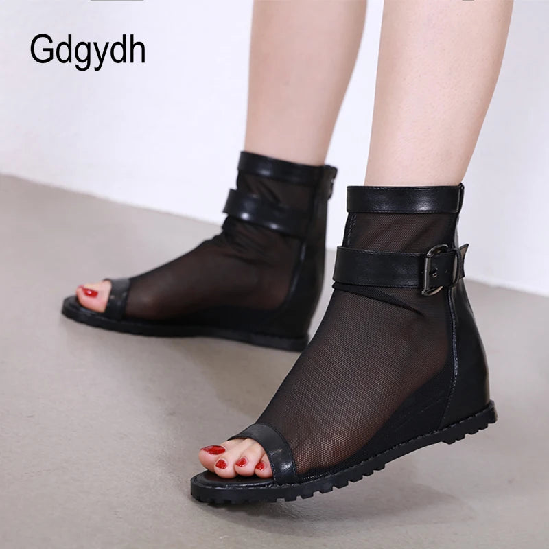 Gdgydh Vintage Women Summer Shoes Peep Toe Ankle Boots Mesh Net Breathable Wedge Hiden Heels Summer Bootie Belt Buckle Dorpship