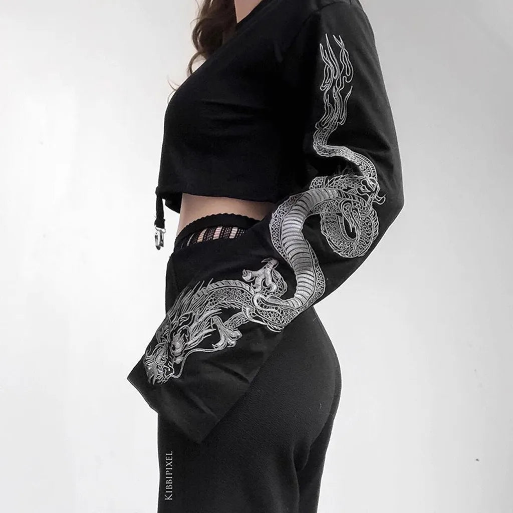 Women Punk Gothic O-Neck Sweatshirts Top Dragon Print Full Sleeve Loose Pullovers Fashion Hip Hop Short Sweatshirts Moletom