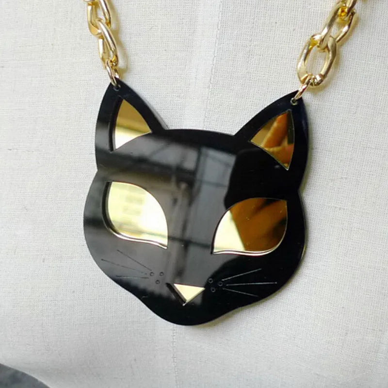 Acrylic Black Gold Cat Head Link Chain Necklace - Vintage Animal Pendant Jewelry Gifts for Women and Girls