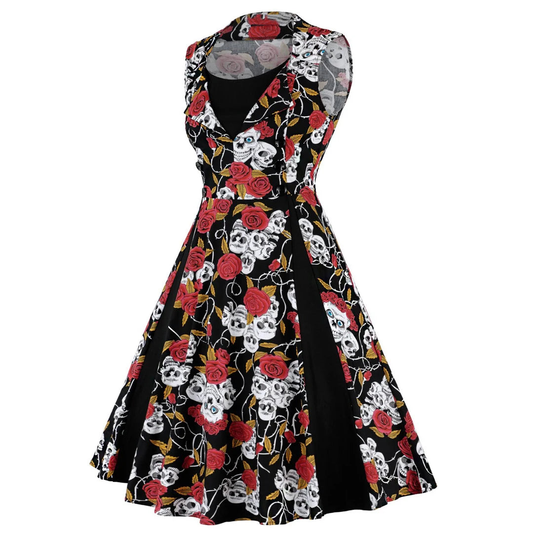 2024 Skull Print Halloween Party Midi Dress - Retro Vintage Swing Rockabilly Dot Floral Patchwork Casual Holiday Tea Dress in 4XL-5XL