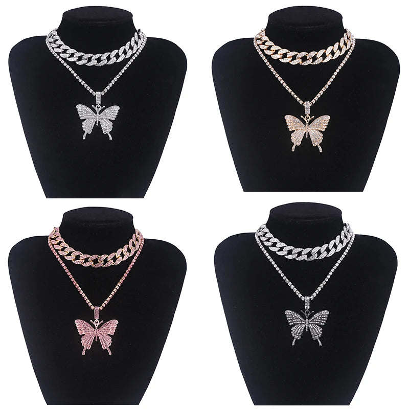 Butterfly Pendant Necklace Set Rhinestone Hip Hop Jewelry Women Bling Cuban Link Chain