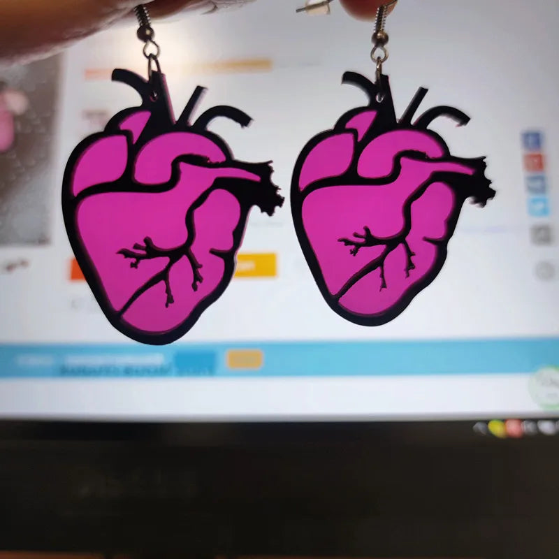 KUGUYS Hot Pink Red Heart Drop Earrings | Cute Black Blood Vessel Jewelry for Women and Girls