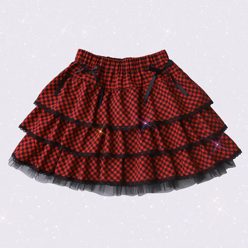 Original Japanese Harajuku Girls Red Purple Plaid Skirts - Gothic Punk Sweet Lolita Cake Mini Skirt, Kawaii Short Ball Gown Skirts