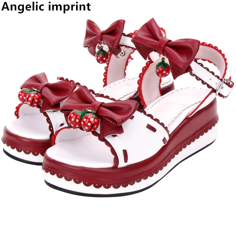 Angelic imprint woman mori girl lolita cosplay shoes lady trifle heel wedges pumps women princess summer dress sandals 33-47 bow