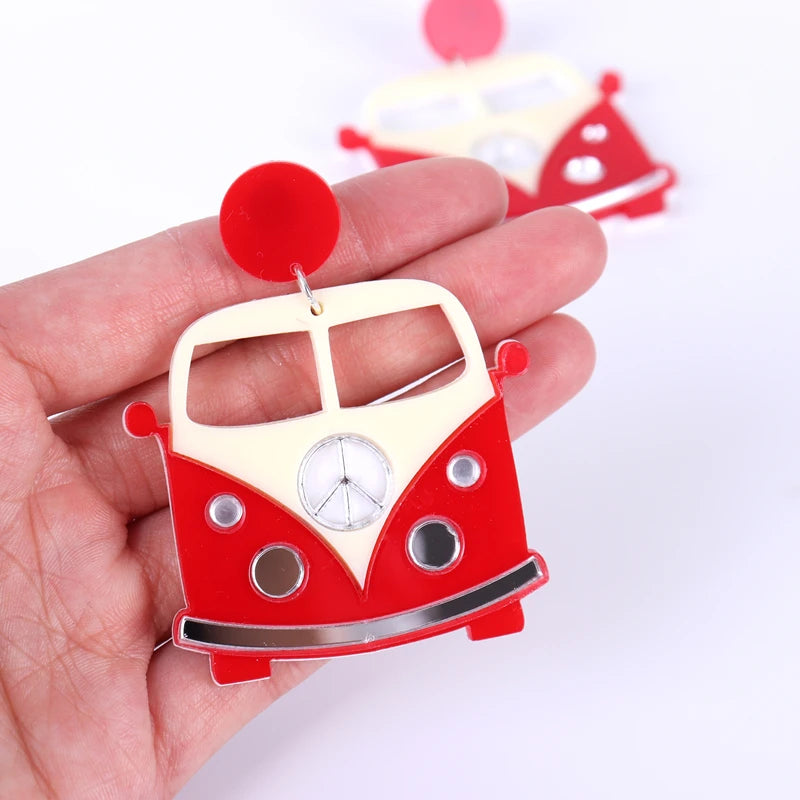 Cute Red Bus Drop Earrings for Women - Acrylic Trendy Jewelry, Interesting Music and Arts Festival Accessories by KUGUYS