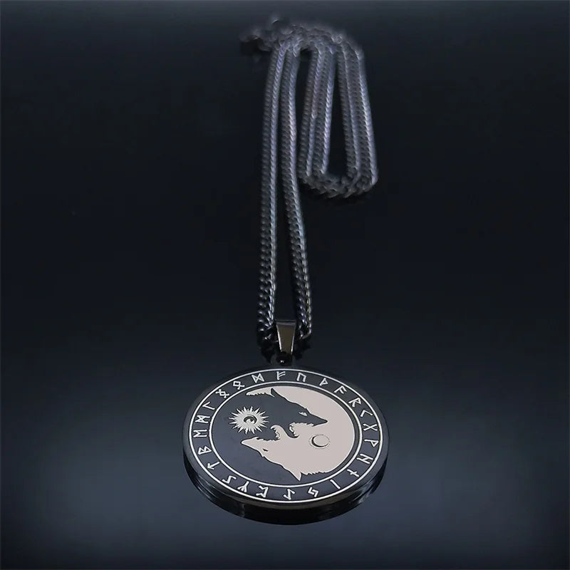 Viking Stainless Steel Divination Letter Yin and Yang Wolf Chain Necklaces Women/Men Black Color Necklace jewlery NXH284S03