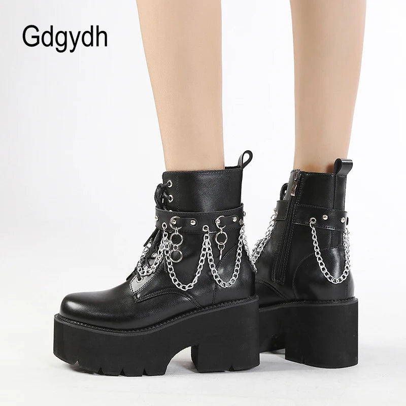Goth Combat Boots - Women's Sexy Chain Platform Jungle Boots with Chunky Heel, Comfortable Fit | Great for Halloween Cosplay