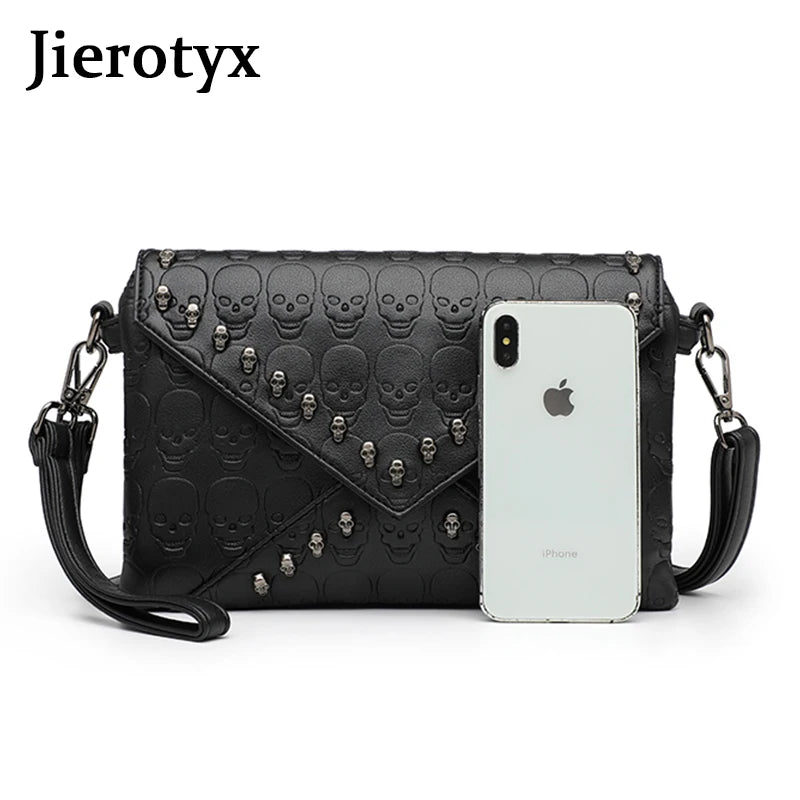 Women's Fashion Tote Skull Prints And Skull-Shaped Rivets Messenger Travel Crossbody Black Punk Handbags