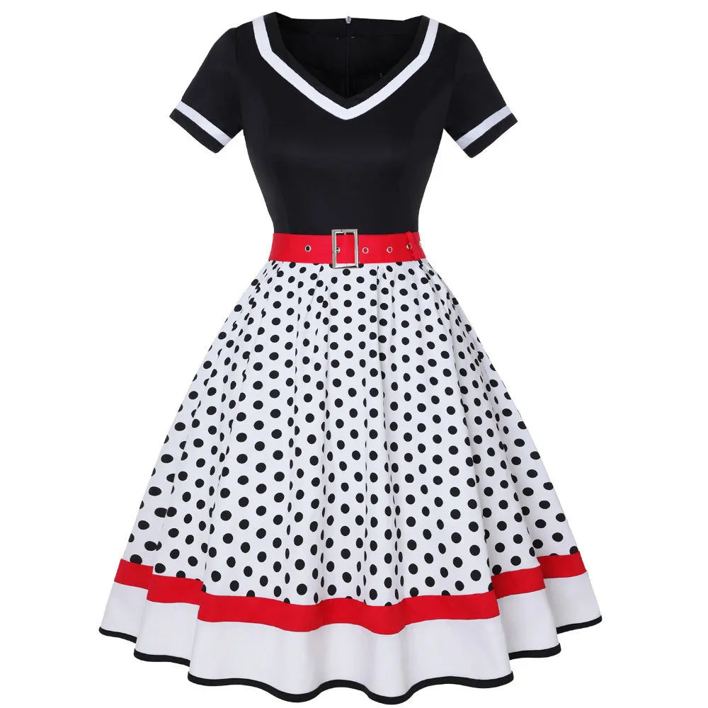 50s 60s Women's Vintage Polka Dot Party Dress with Belt - Short Sleeve Hepburn Pin Up Rockabilly Oversized Swing Dress