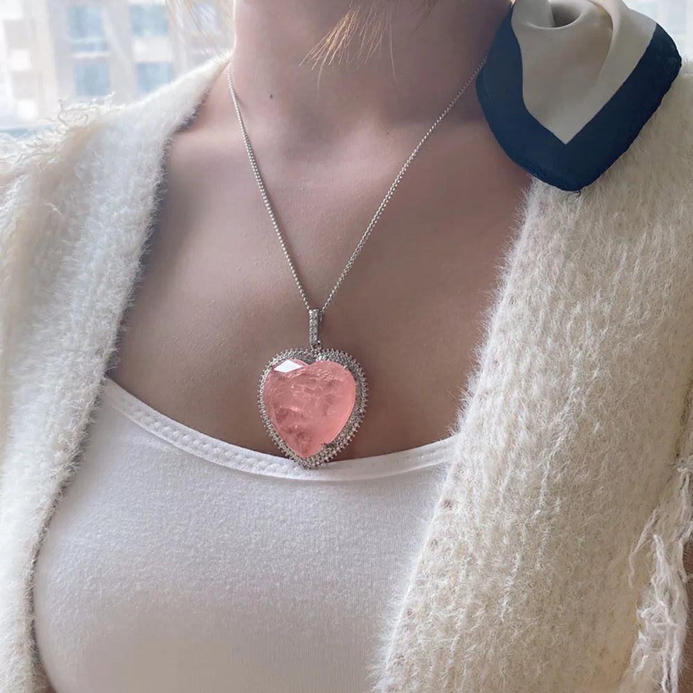 Pink Heart Crystal Tourmaline Created Moissanite Gemstone Pendant Necklace - Fine Jewelry for Women, Anniversary Gift