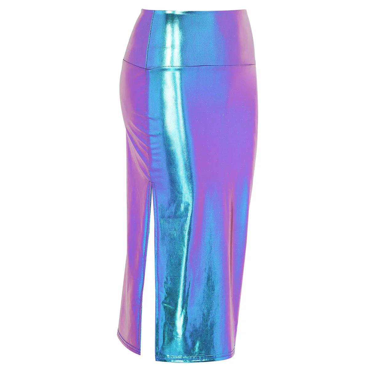 Women’s Shiny Metallic Holographic Midi Skirt – High Waist Side Split Bodycon Pencil Skirt