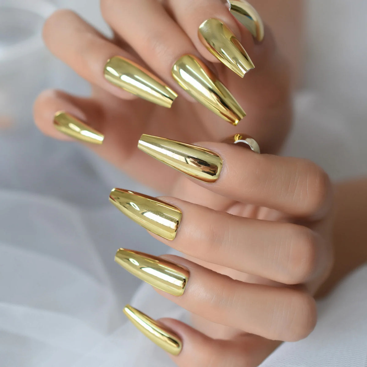 Metallic Coffin Nail Tips False Nails Long Ballerina Gold Mirror Fake Nails Press On Full Set For Fingernail Decorations