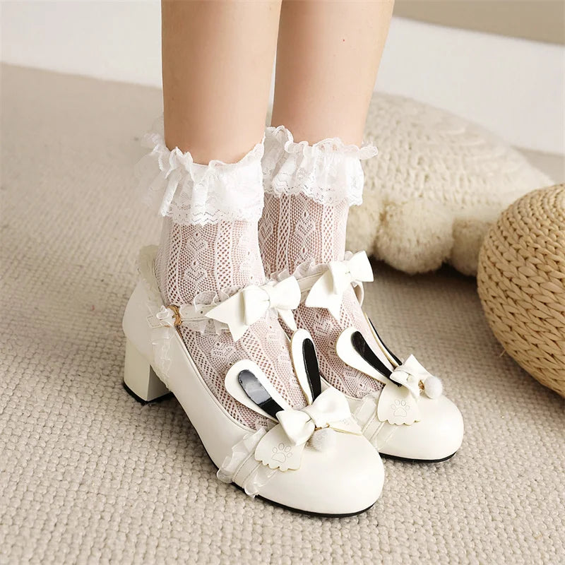 YQBTDL Drop Ship Bunny Ears Mary Janes Pumps Black Pink Block Heel Sweet Lolita Cosplay Shoes Rosette Ruffles Pompom 2022 Summer