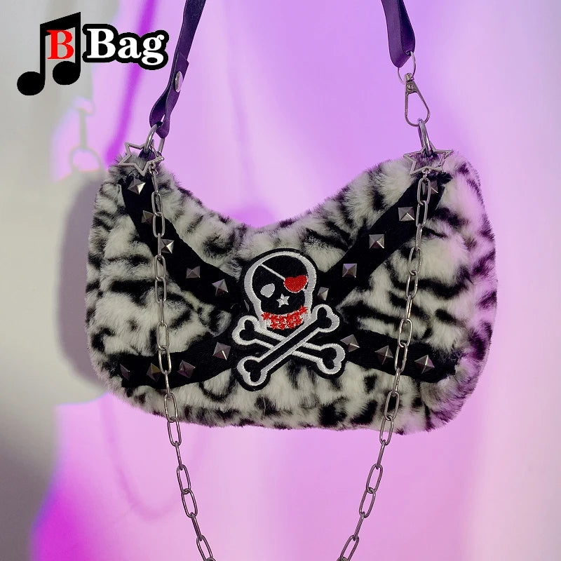 Y2K Girl Gothic Leopard Spotted Plush Single Shoulder Underarm Bag | Punk Skull Rivet Small Messenger Tote Handbag for Women