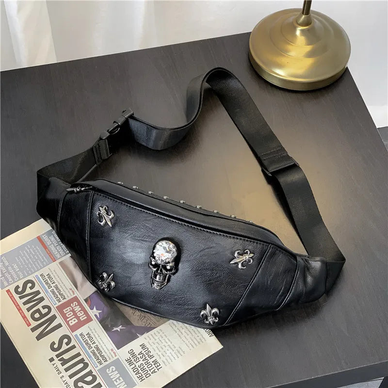 Bone Skull Unisex Vintage PU Leather Fanny Pack: Crossbody Shoulder Bag in Black Steam Punk Style, Ideal for Travel, Hiking, Running, Goth Enthusiasts