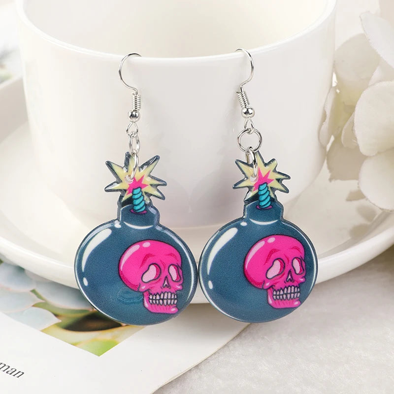 Pastel Goth Creepy Skull Potion Earrings - Fashion Cartoon Acrylic Jewelry for Girls & Women, Perfect Birthday Gift