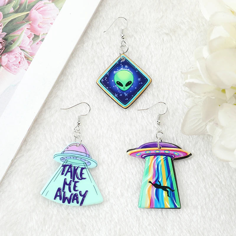 Fashion Pastel Goth Alien Spooky UFO Dangle Earrings - Lovely Jewelry for Girls and Women, Perfect Birthday Gift