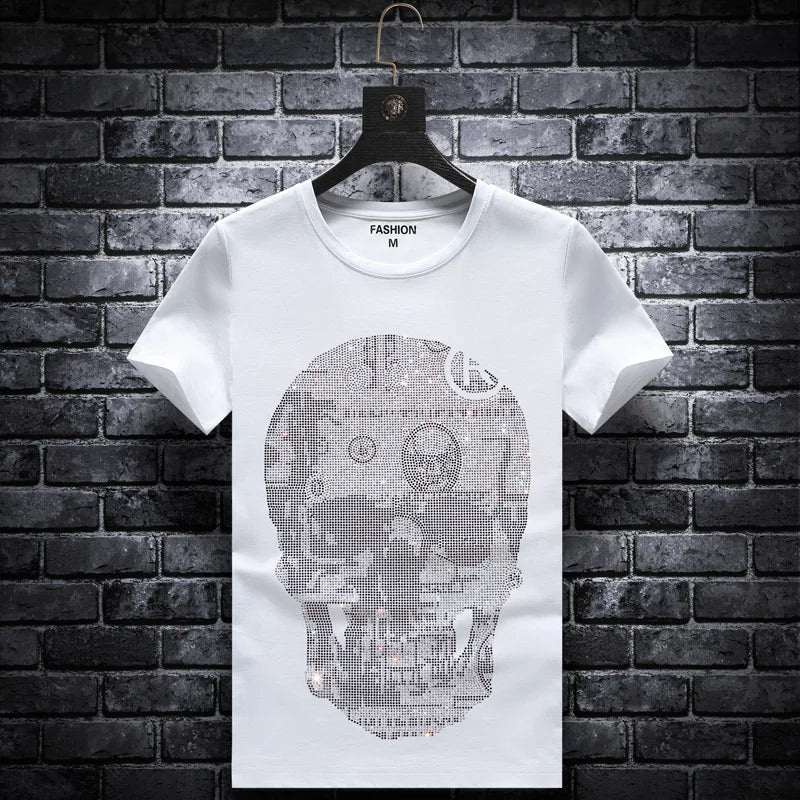 Plus Size 2024 Skull Rhinestone T-Shirts for Men, Summer Streetwear, Short Sleeve O-Neck Slim Fit Calaveras Camiseta